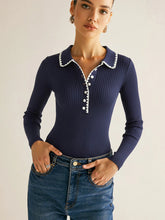 Contrast Trim Ribbed Knit Polo Top